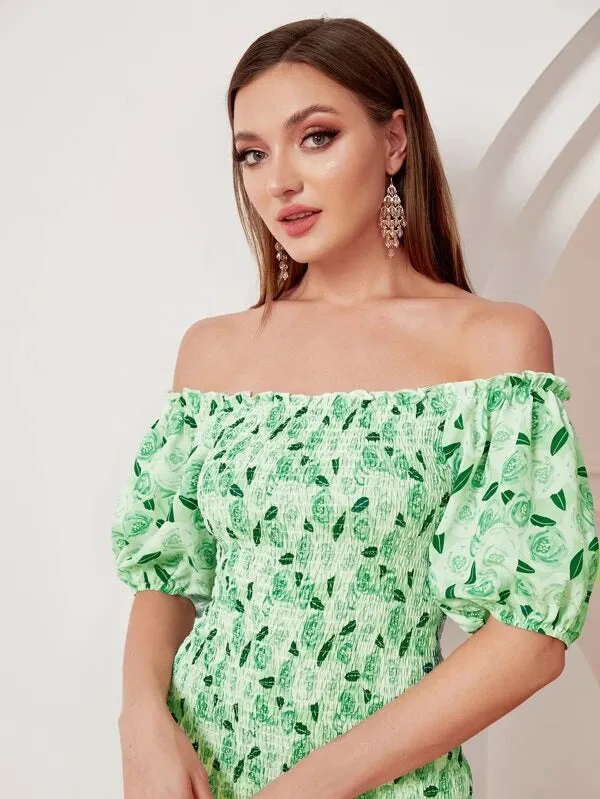 CM-DS816664 Women Casual Seoul Style Allover Print Off Shoulder Puff Sleeve Shirred Dress