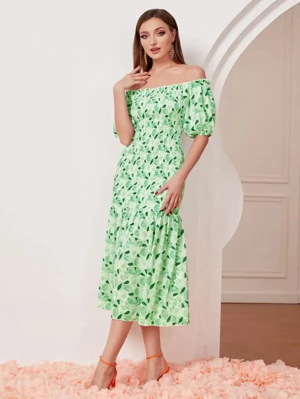 CM-DS816664 Women Casual Seoul Style Allover Print Off Shoulder Puff Sleeve Shirred Dress