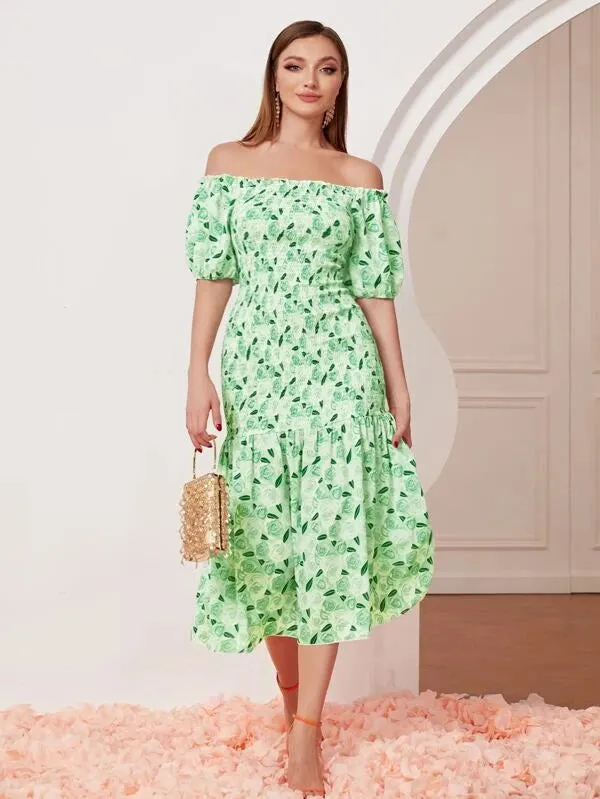 CM-DS816664 Women Casual Seoul Style Allover Print Off Shoulder Puff Sleeve Shirred Dress