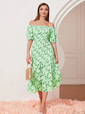 CM-DS816664 Women Casual Seoul Style Allover Print Off Shoulder Puff Sleeve Shirred Dress