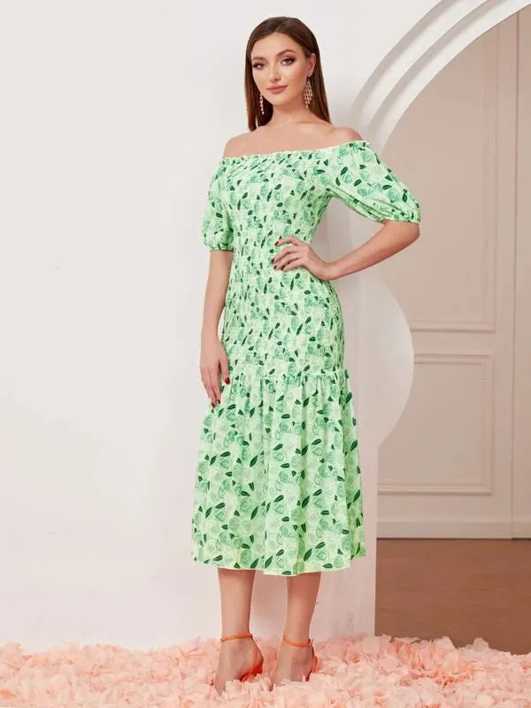 CM-DS816664 Women Casual Seoul Style Allover Print Off Shoulder Puff Sleeve Shirred Dress