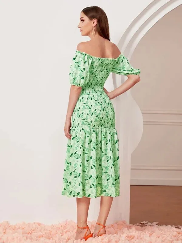 CM-DS816664 Women Casual Seoul Style Allover Print Off Shoulder Puff Sleeve Shirred Dress