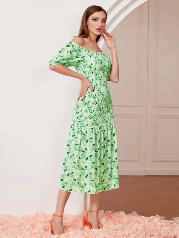 CM-DS816664 Women Casual Seoul Style Allover Print Off Shoulder Puff Sleeve Shirred Dress