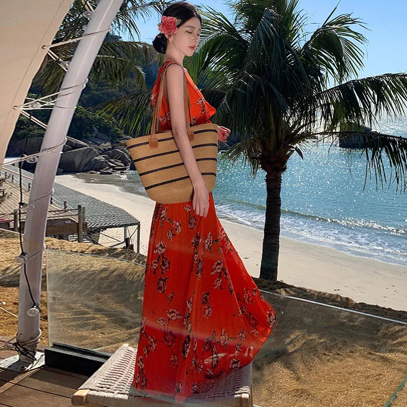 CM-DY007840 Women Trendy Bohemian Style Floral V-Neck Sleeveless Chiffon Maxi Dress