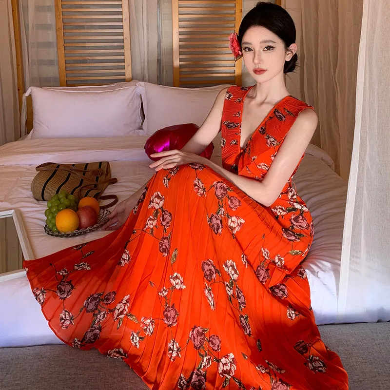 CM-DY007840 Women Trendy Bohemian Style Floral V-Neck Sleeveless Chiffon Maxi Dress