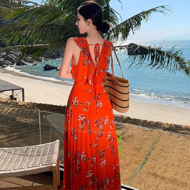 CM-DY007840 Women Trendy Bohemian Style Floral V-Neck Sleeveless Chiffon Maxi Dress