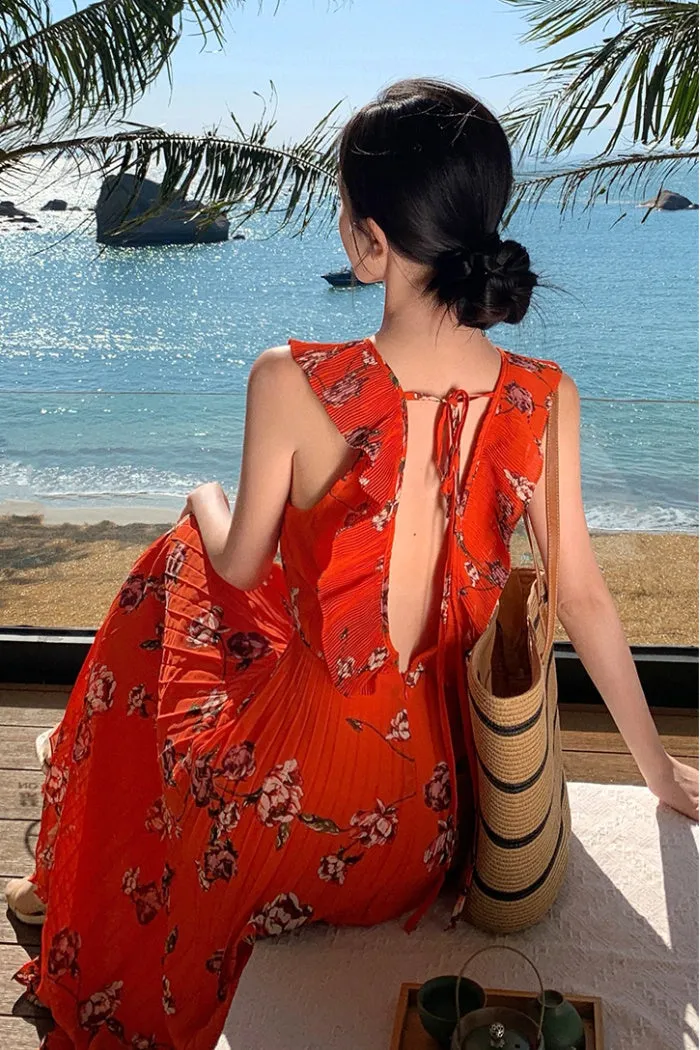 CM-DY007840 Women Trendy Bohemian Style Floral V-Neck Sleeveless Chiffon Maxi Dress