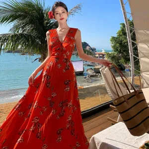 CM-DY007840 Women Trendy Bohemian Style Floral V-Neck Sleeveless Chiffon Maxi Dress