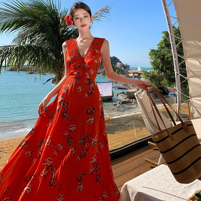 CM-DY007840 Women Trendy Bohemian Style Floral V-Neck Sleeveless Chiffon Maxi Dress