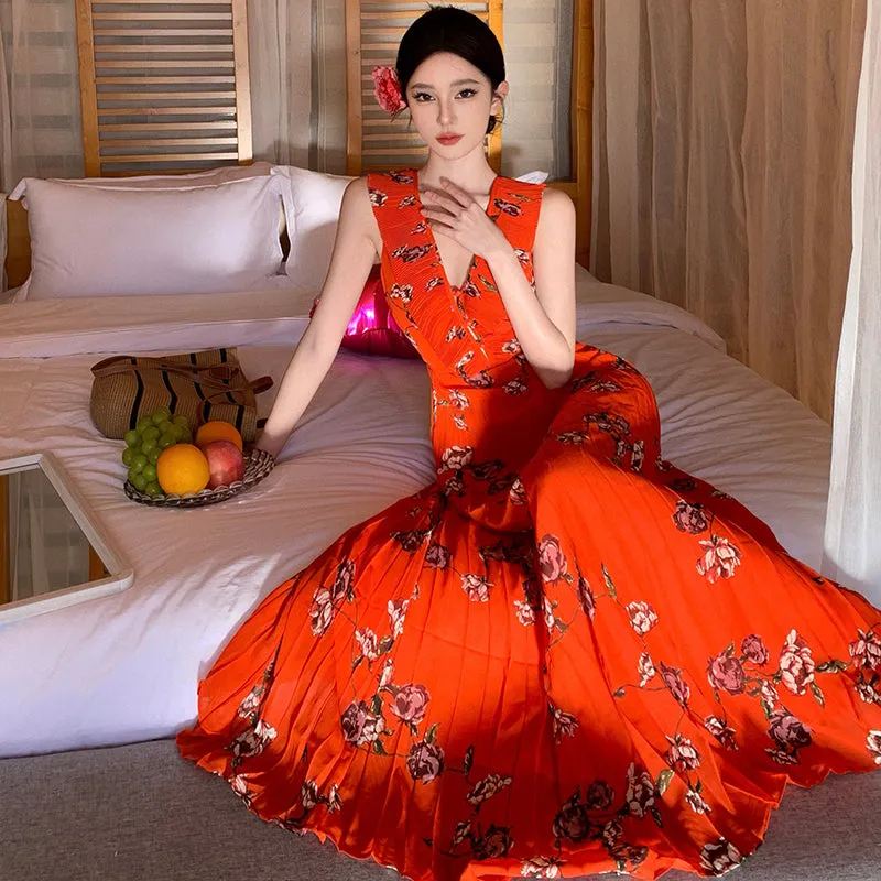 CM-DY007840 Women Trendy Bohemian Style Floral V-Neck Sleeveless Chiffon Maxi Dress
