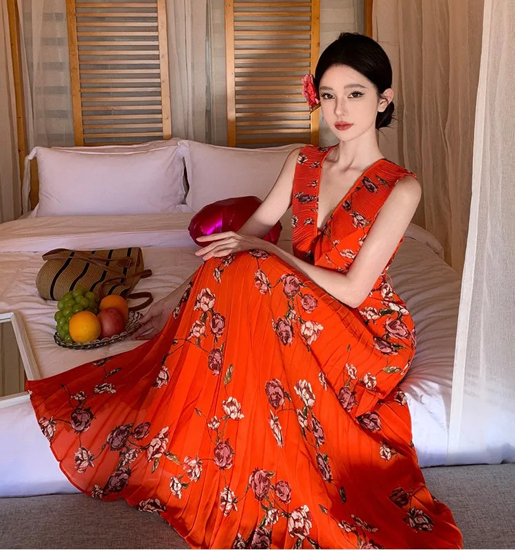 CM-DY007840 Women Trendy Bohemian Style Floral V-Neck Sleeveless Chiffon Maxi Dress