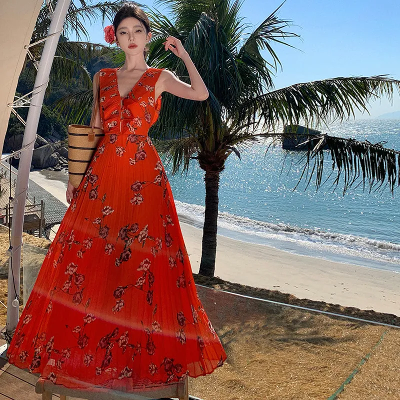 CM-DY007840 Women Trendy Bohemian Style Floral V-Neck Sleeveless Chiffon Maxi Dress