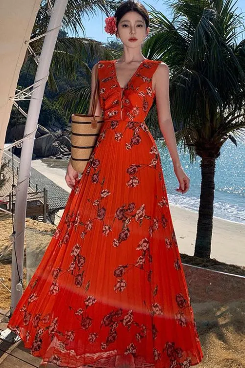 CM-DY007840 Women Trendy Bohemian Style Floral V-Neck Sleeveless Chiffon Maxi Dress
