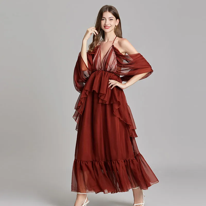 CM-DY015746 Women Trendy Bohemian Style V-Neck Off the Shouder Tie Neck Maxi Dress - Brown