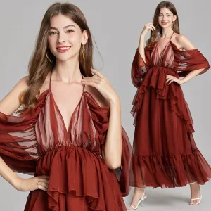 CM-DY015746 Women Trendy Bohemian Style V-Neck Off the Shouder Tie Neck Maxi Dress - Brown