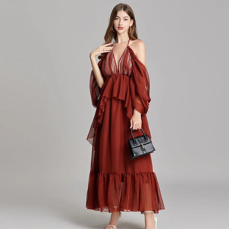 CM-DY015746 Women Trendy Bohemian Style V-Neck Off the Shouder Tie Neck Maxi Dress - Brown