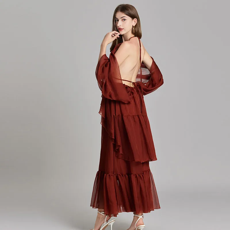 CM-DY015746 Women Trendy Bohemian Style V-Neck Off the Shouder Tie Neck Maxi Dress - Brown
