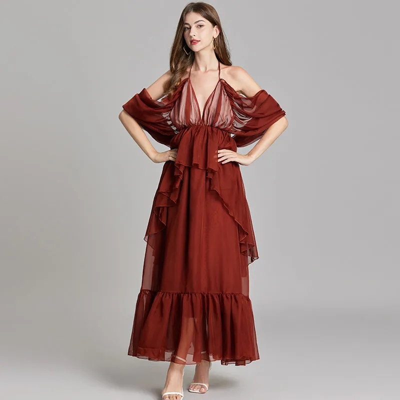 CM-DY015746 Women Trendy Bohemian Style V-Neck Off the Shouder Tie Neck Maxi Dress - Brown