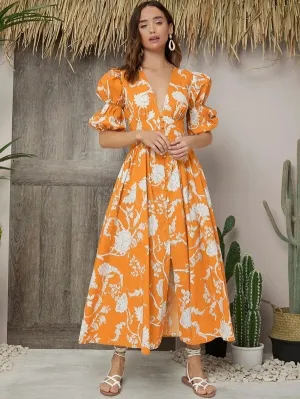 CM-ES409687 Women Trendy Bohemian Style Deep V-Neck Gathered Sleeve Button Front Floral Dress - Orange