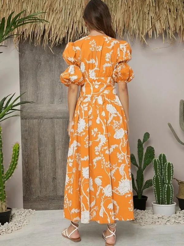 CM-ES409687 Women Trendy Bohemian Style Deep V-Neck Gathered Sleeve Button Front Floral Dress - Orange