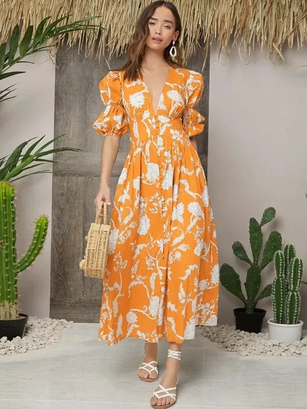 CM-ES409687 Women Trendy Bohemian Style Deep V-Neck Gathered Sleeve Button Front Floral Dress - Orange