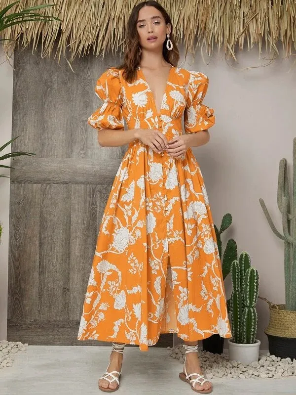 CM-ES409687 Women Trendy Bohemian Style Deep V-Neck Gathered Sleeve Button Front Floral Dress - Orange
