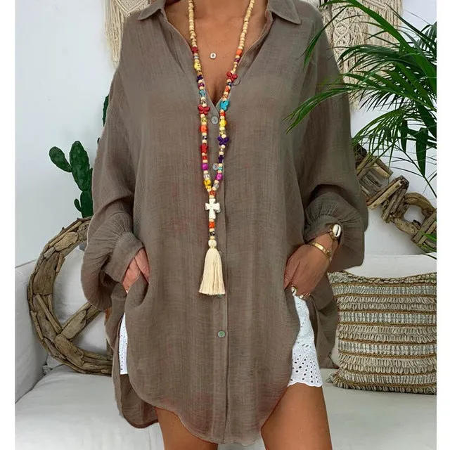 Cotton Linen Womens Tops And Blouses Plus Size Long Sleeve Turn Down Collar Female Tunic Beach Style Thin Women Summer Blouse