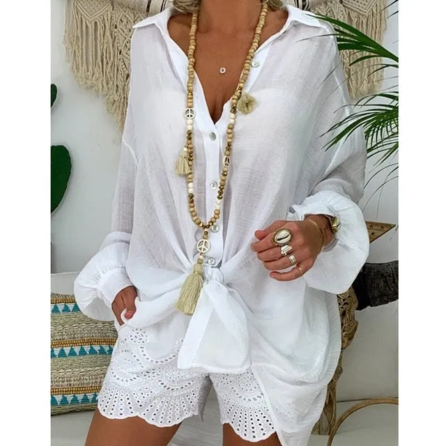 Cotton Linen Womens Tops And Blouses Plus Size Long Sleeve Turn Down Collar Female Tunic Beach Style Thin Women Summer Blouse