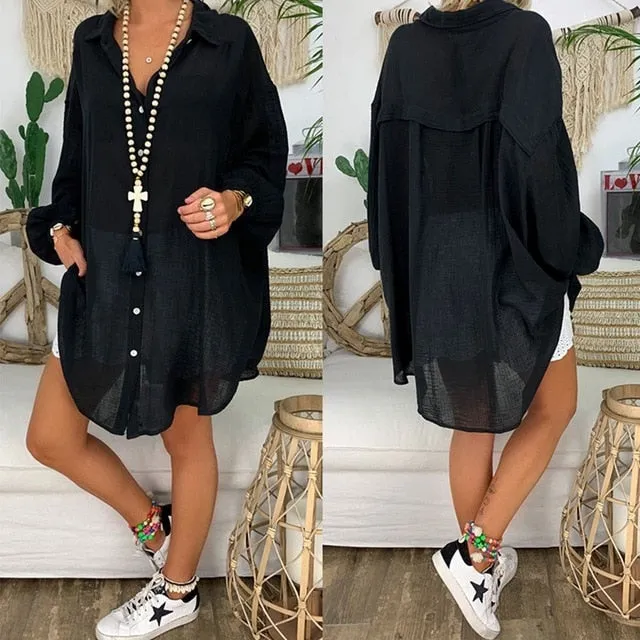 Cotton Linen Womens Tops And Blouses Plus Size Long Sleeve Turn Down Collar Female Tunic Beach Style Thin Women Summer Blouse