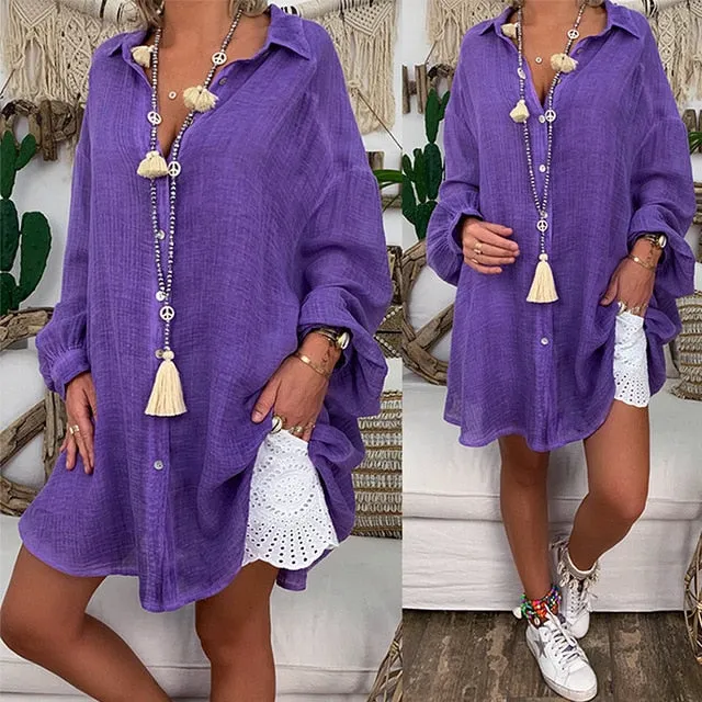 Cotton Linen Womens Tops And Blouses Plus Size Long Sleeve Turn Down Collar Female Tunic Beach Style Thin Women Summer Blouse