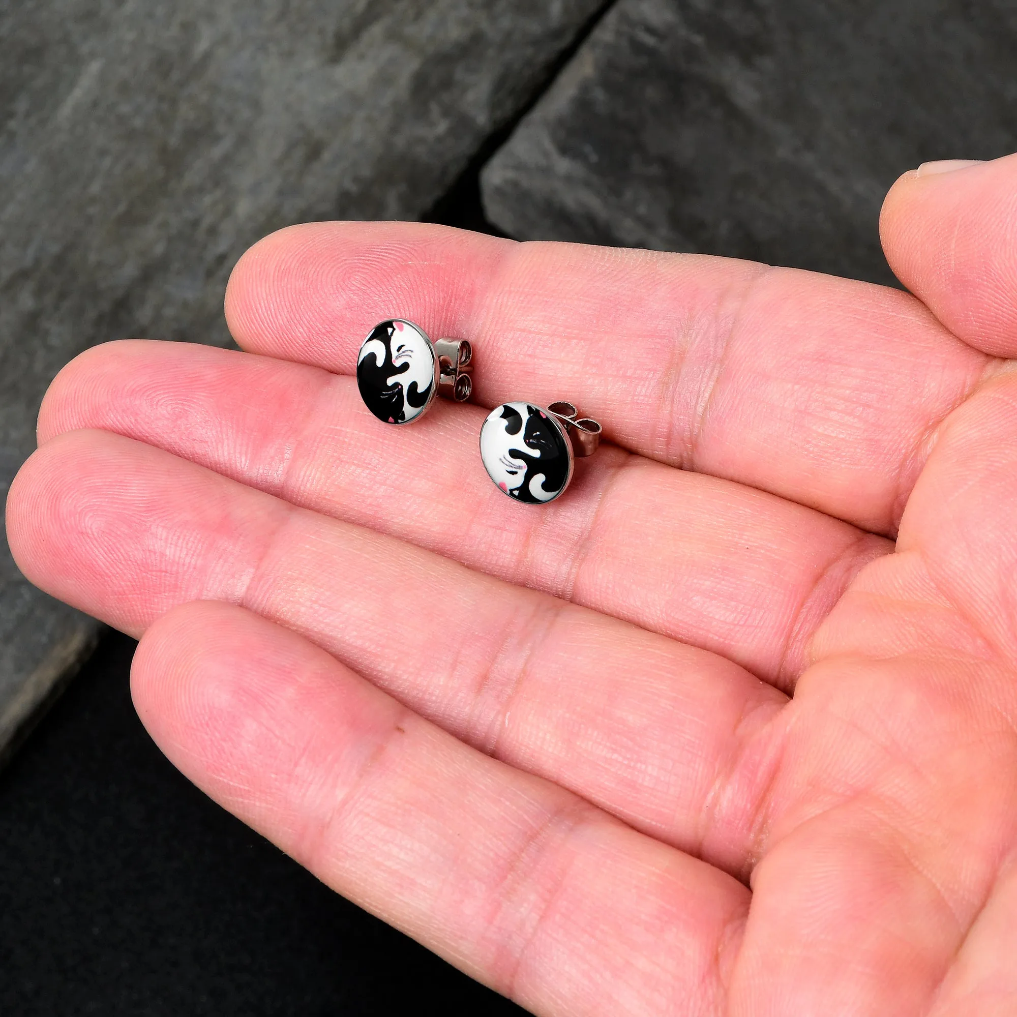 Cute Kitty Cat Yin Yang Stud Earrings