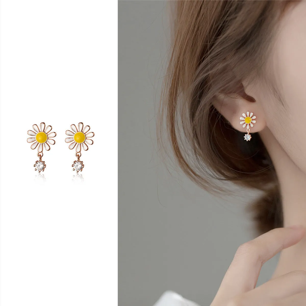 Daisy White Yellow Flower Stud Earrings - SS087