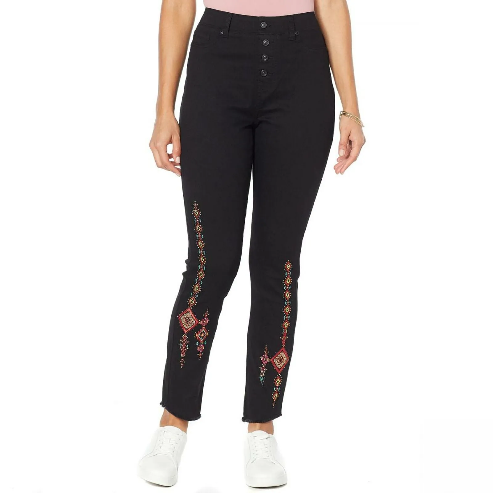DG2 by Diane Gilman Women's Embroidered Pull On Stretch Denim Ankle Jeans