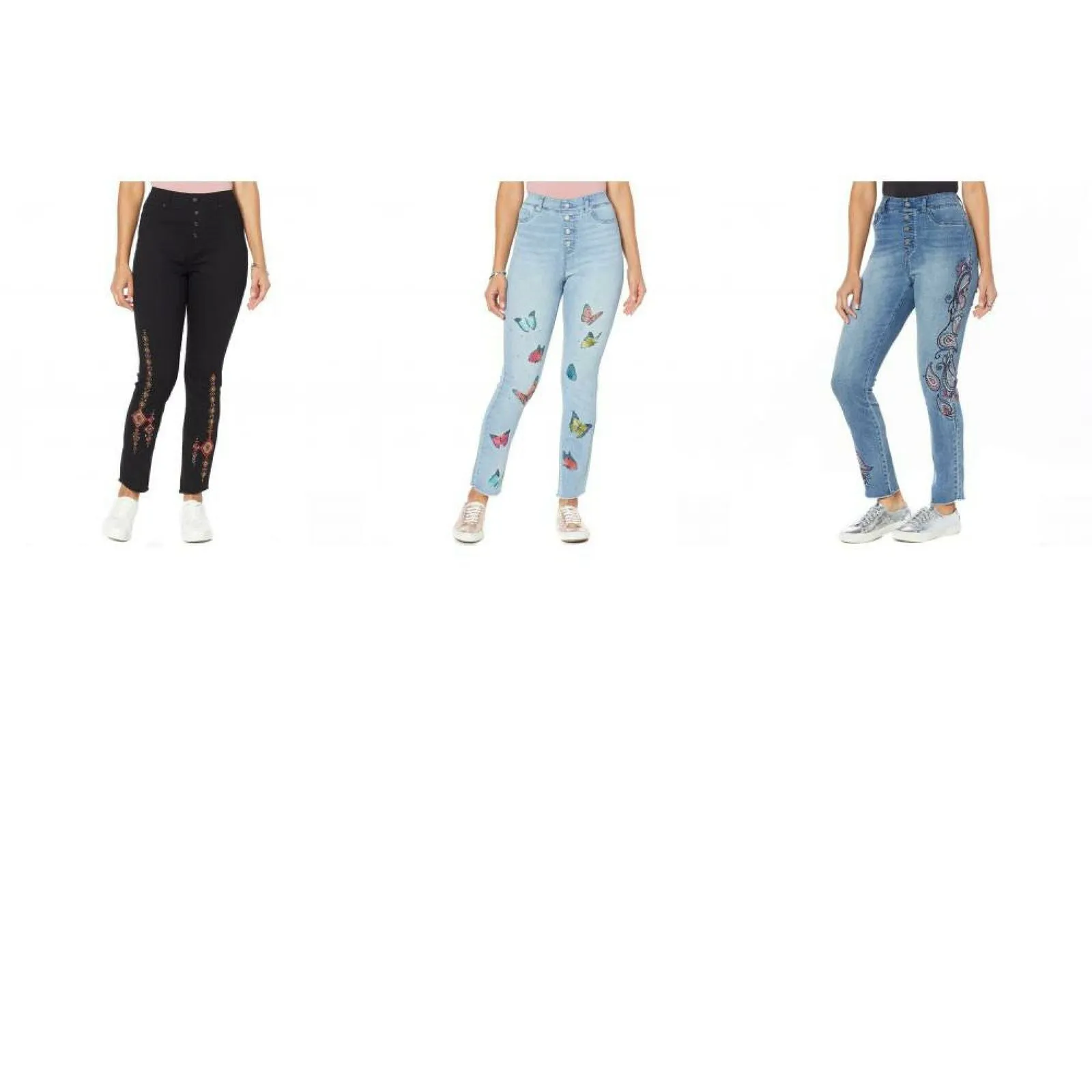 DG2 by Diane Gilman Women's Embroidered Pull On Stretch Denim Ankle Jeans
