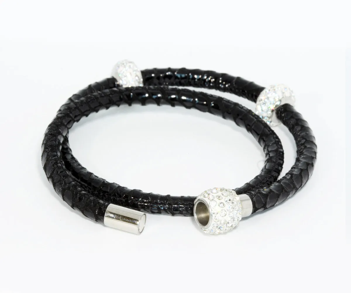 Double Wrap Swarovski Crystals Black Leather Bracelet