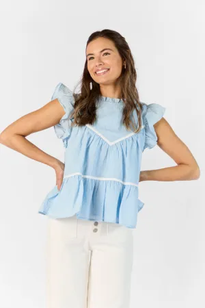 Easy Introductions Blue High Neck Contrast Seam Blouse SALE