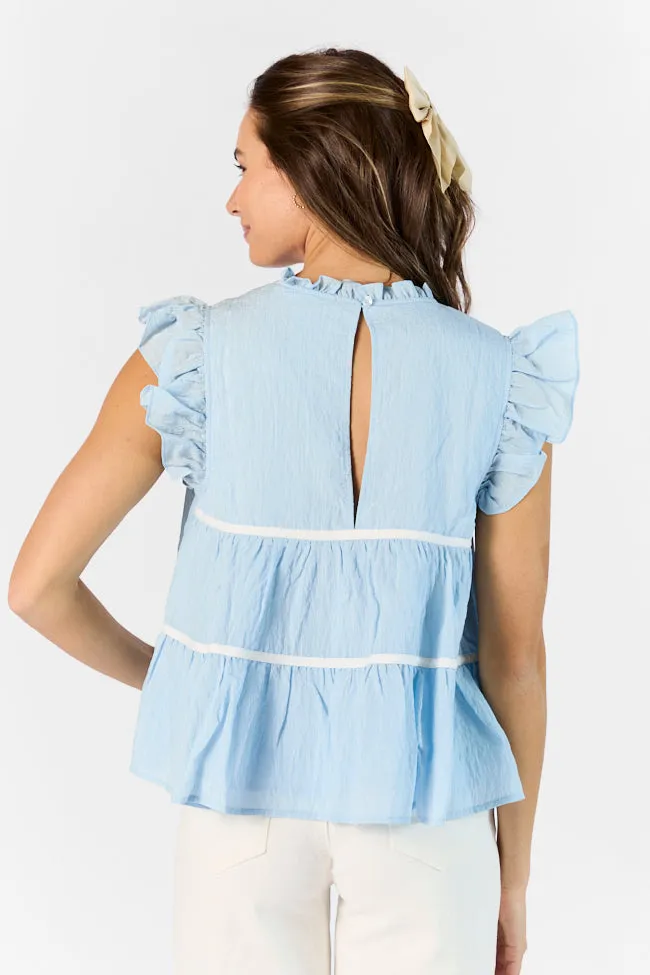 Easy Introductions Blue High Neck Contrast Seam Blouse SALE