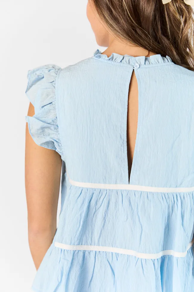 Easy Introductions Blue High Neck Contrast Seam Blouse SALE
