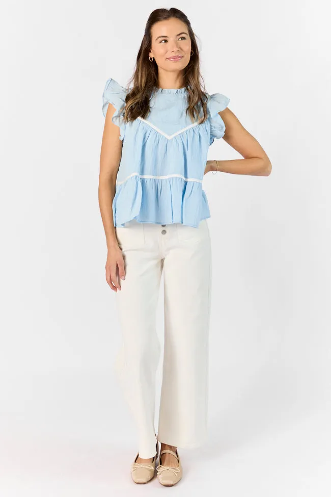Easy Introductions Blue High Neck Contrast Seam Blouse SALE