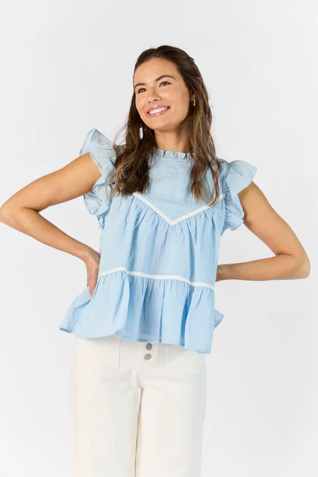 Easy Introductions Blue High Neck Contrast Seam Blouse SALE