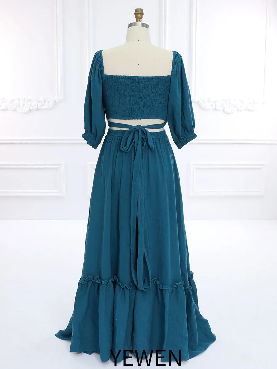 Elastic Back Woman Cotton 2 Piece Set Maxi Dress Photoshoot Dresses Outfit YW231146