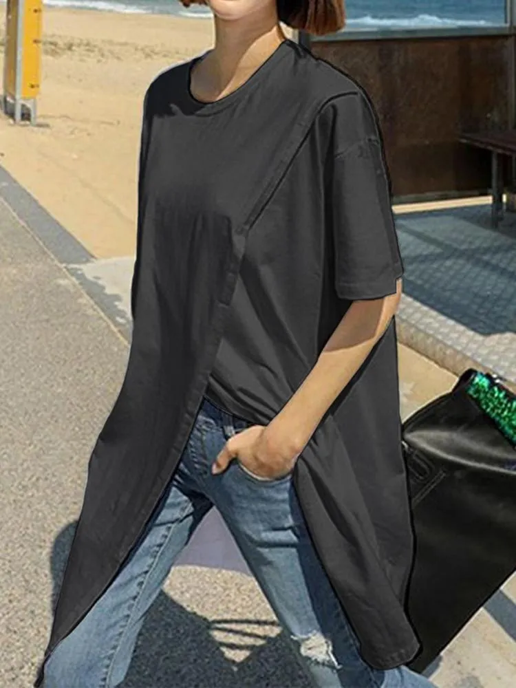 Elegant Short Sleeve Tunic Casual Split Party Blouse