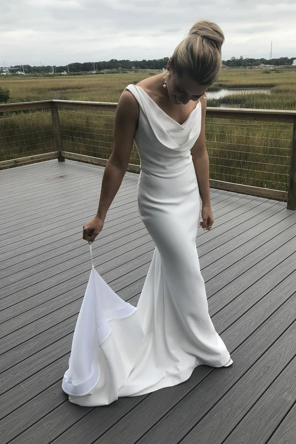 Elegant Spandex White Wedding Gown with Cowl Neckline