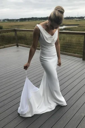 Elegant Spandex White Wedding Gown with Cowl Neckline