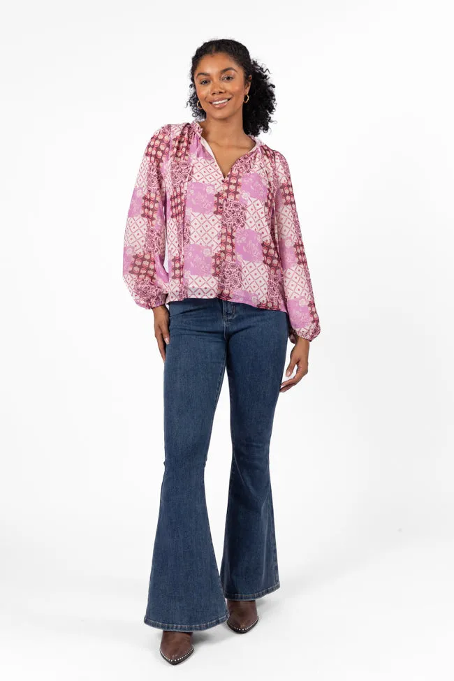 Fade Into You Purple Multi Button Detail Printed Blouse FINAL SALE