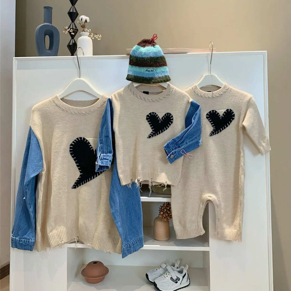 Family Matching Oversized Heart Patch Sweaters – Trendy Streetwear Style