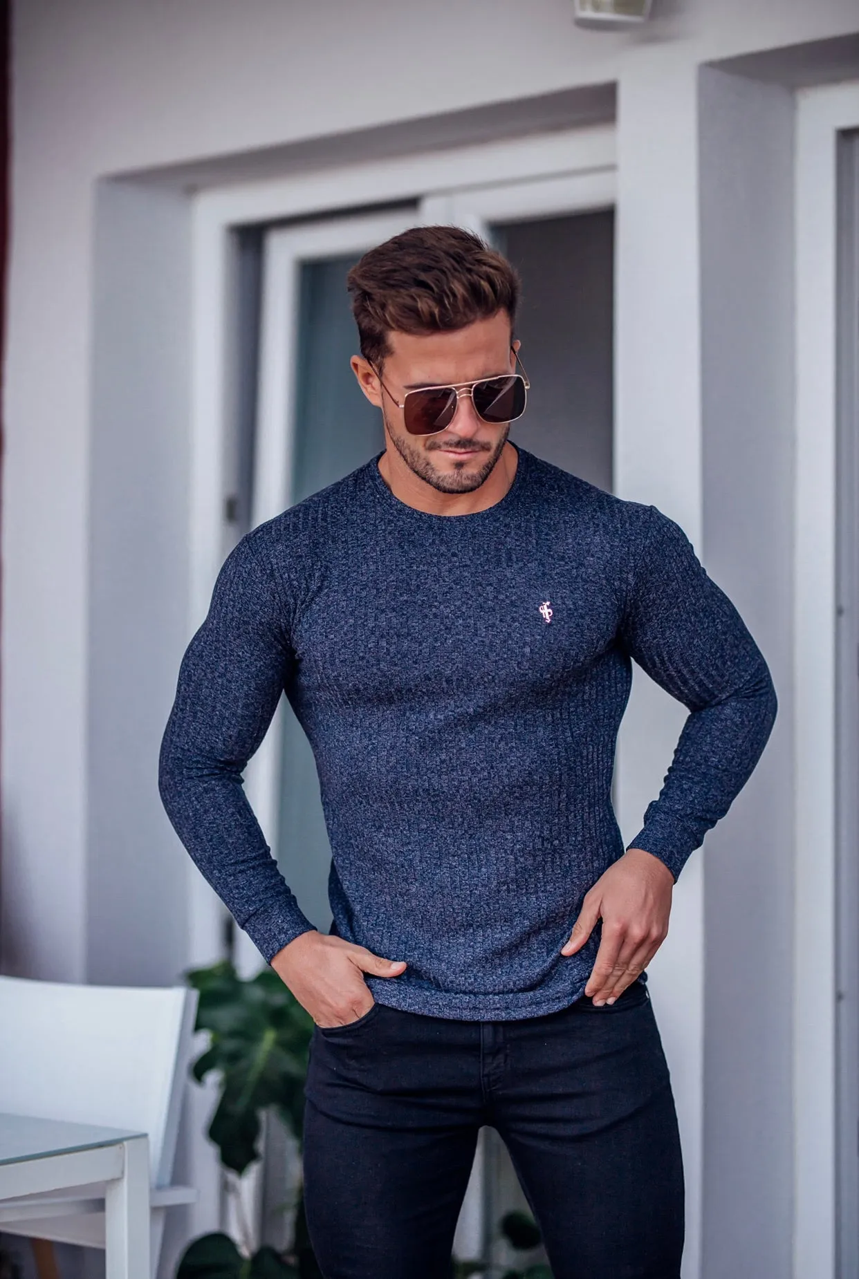 Father Sons Classic Navy Ribbed Knit Jumper With Gold Emblem - FSH539
