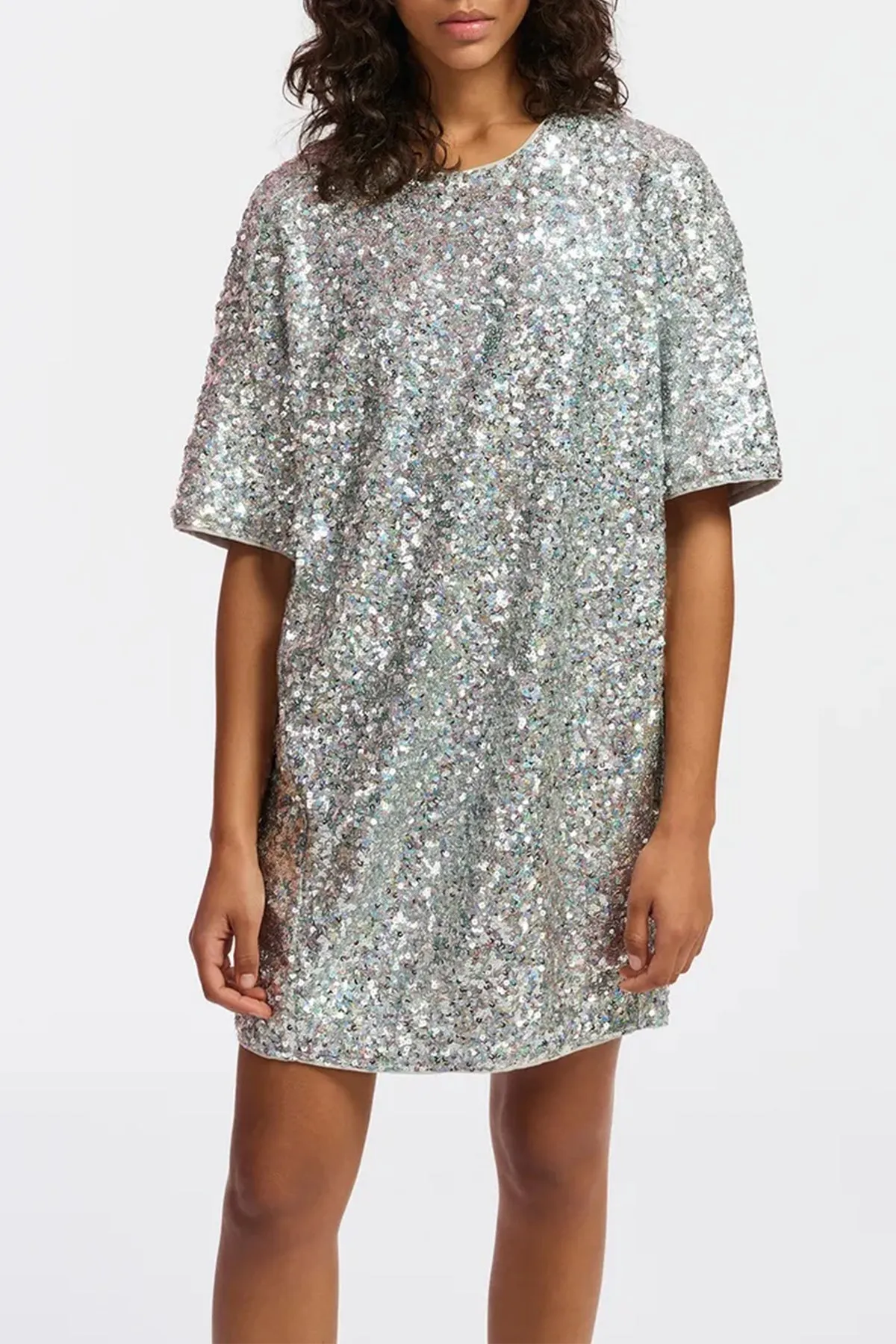Felt Sequin-Embellished Mini Dress in Silver