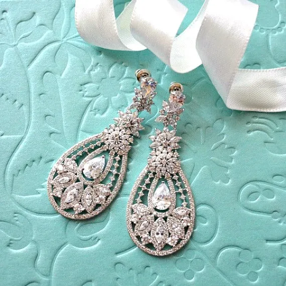Floral Art Deco Cubic Zirconia Crystal Chandelier Bridal Earrings, Vintage Inspired Statement Wedding Earrings, Bridal Wedding Jewelry
