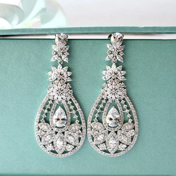 Floral Art Deco Cubic Zirconia Crystal Chandelier Bridal Earrings, Vintage Inspired Statement Wedding Earrings, Bridal Wedding Jewelry